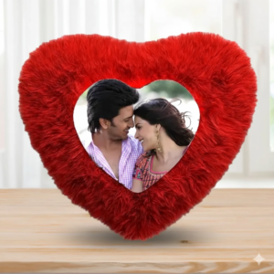 personalized heart shaped red fur photo pillow